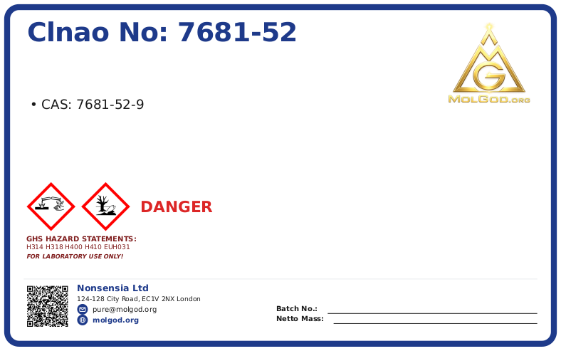 ClNaO CAS No: 7681-52 (CAS 7681-52-9) — Xilong Scientific, CAS 7681-52-9 — chemical product label
