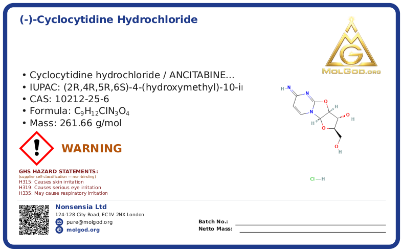 (-)-Cyclocytidine hydrochloride (CAS 10212-25-6), CAS 10212-25-6 — chemical product label