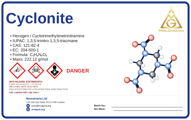 Cyclonite (CAS 121-82-4) — Safety Data Sheet, CAS 121-82-4 — chemical product label