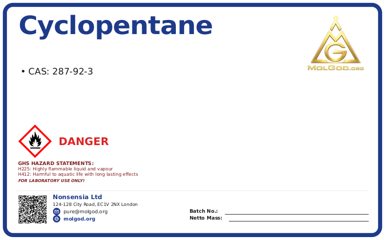 Cyclopentane (CAS 287-92-3), CAS 287-92-3 — chemical product label