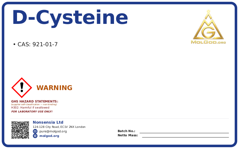 D-Cysteine (CAS 921-01-7), CAS 921-01-7 — chemical product label