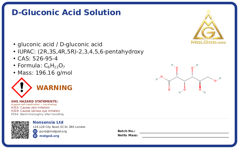 D-Gluconic acid solution (CAS 526-95-4), CAS 526-95-4 — chemical product label