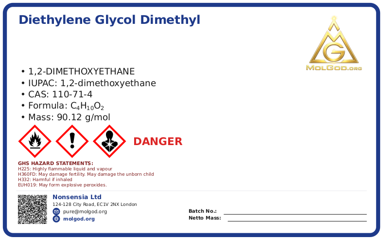 Diethylene glycol dimethyl ether (DME/1,2-dimethoxyethane) is a low-boiling-point non (CAS 110-71-4), CAS 110-71-4 — chemical product label