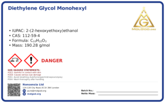 Diethylene glycol monohexyl ether (hexyl caprolactone) provides support for special coatings, heavy scale cleaning, agricultural enhancement, and high (CAS 112-59-4), CAS 112-59-4 — chemical product label