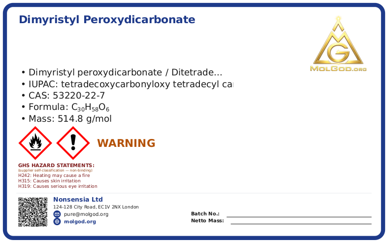 Dimyristyl peroxydicarbonate (XJ-MYPC) (CAS 53220-22-7), CAS 53220-22-7 — chemical product label