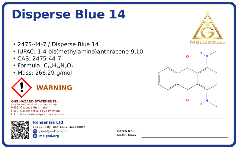 Disperse Blue 14 (CAS 2475-44-7) — Beijing Tong Guang, CAS 2475-44-7 — chemical product label