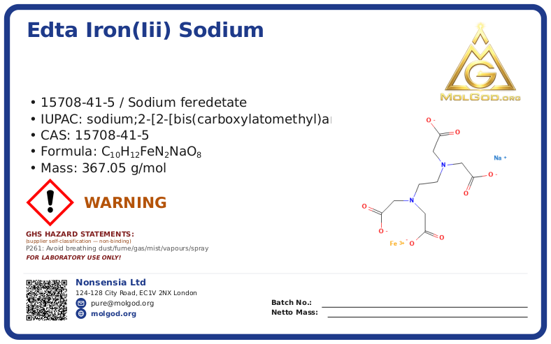 EDTA iron(iii) sodium salt (CAS 15708-41-5), CAS 15708-41-5 — chemical product label