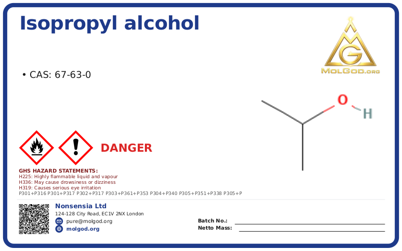 Electronic Grade Isopropyl Alcohol CAS No 67-63 (CAS 67-63-0) — Xilong Scientific, CAS 67-63-0 — chemical product label
