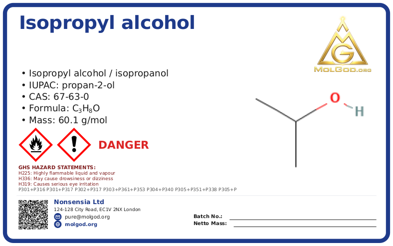 CAS 67-63-0, CAS 67-63-0 — chemical product label