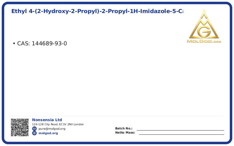 Ethyl 4-(2-Hydroxy-2-propyl)-2-propyl-1H-imidazole-5-carboxylate (CAS 144689-93-0), CAS 144689-93-0 — chemical product label