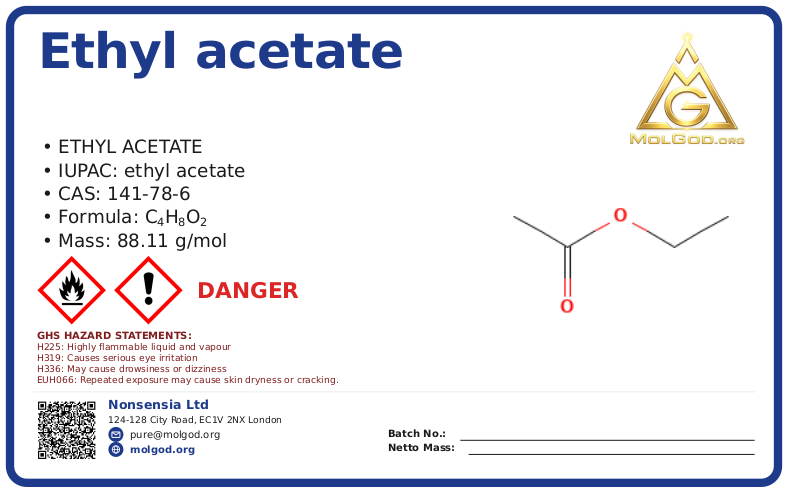 Ethyl Acetate CAS No 141-78 (CAS 141-78-6) — Xilong Scientific, CAS 141-78-6 — chemical product label