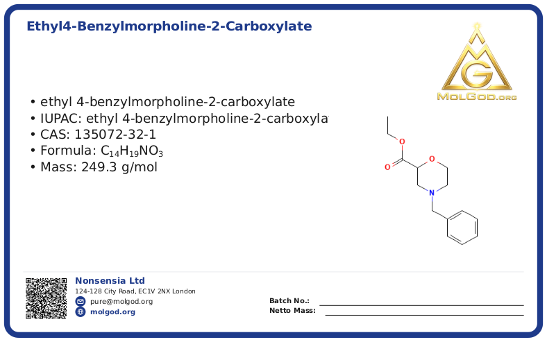 Ethyl4-benzylmorpholine-2-carboxylate (CAS 135072-32-1), CAS 135072-32-1 — chemical product label