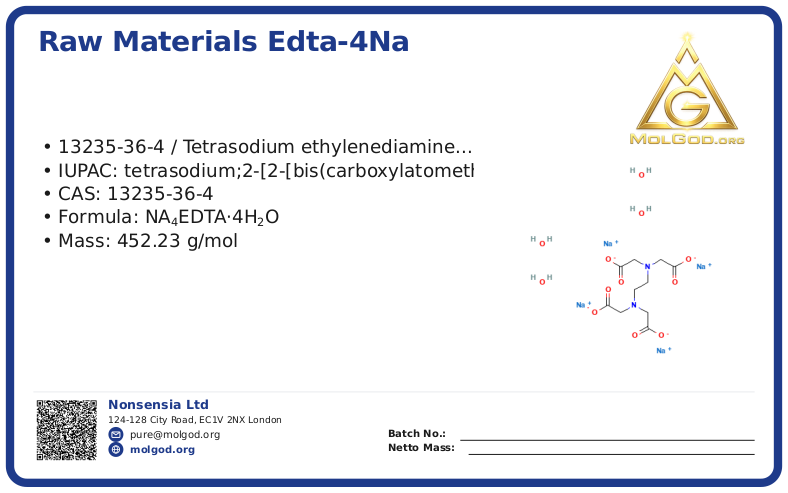 Ethylene diamine tetraacetic acid tetrasodium salt (CAS 13235-36-4), CAS 13235-36-4 — chemical product label