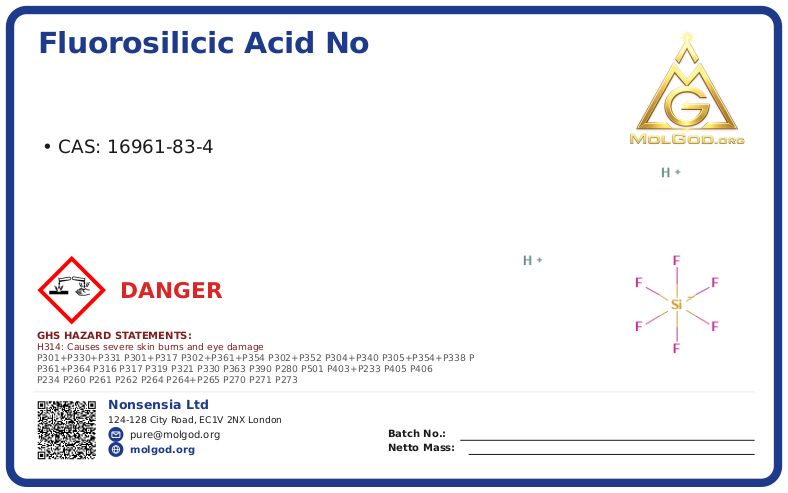 Fluorosilicic Acid CAS No 16961-83 (CAS 16961-83-4) — Xilong Scientific, CAS 16961-83-4 — chemical product label