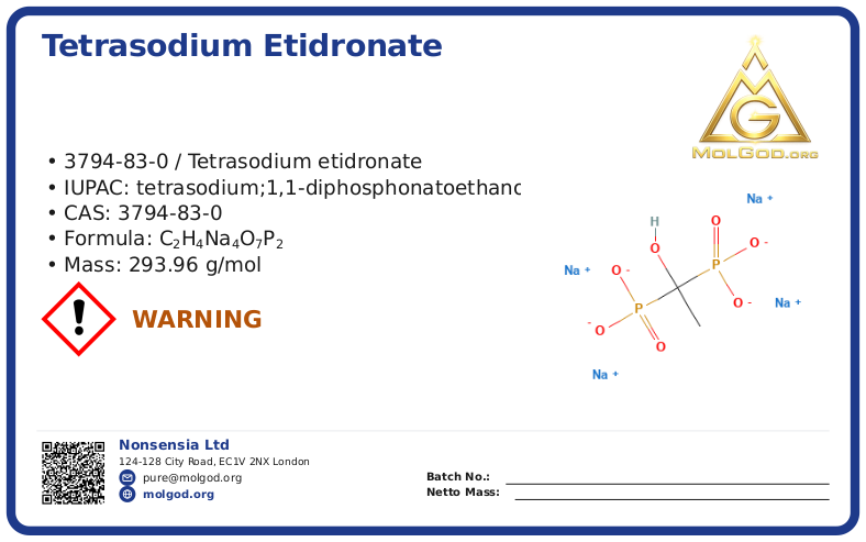 Tetra sodium(1-HydroxyEthylidene) Diphosphonate HEDP·Na4 (CAS 3794-83-0), CAS 3794-83-0 — chemical product label