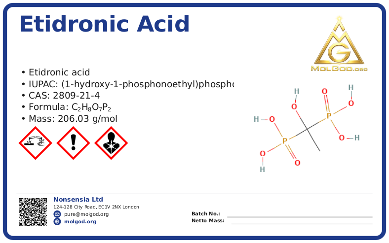 Hydroxy Ethylidene Diphosphonic Acid(HEDP) (CAS 2809-21-4), CAS 2809-21-4 — chemical product label