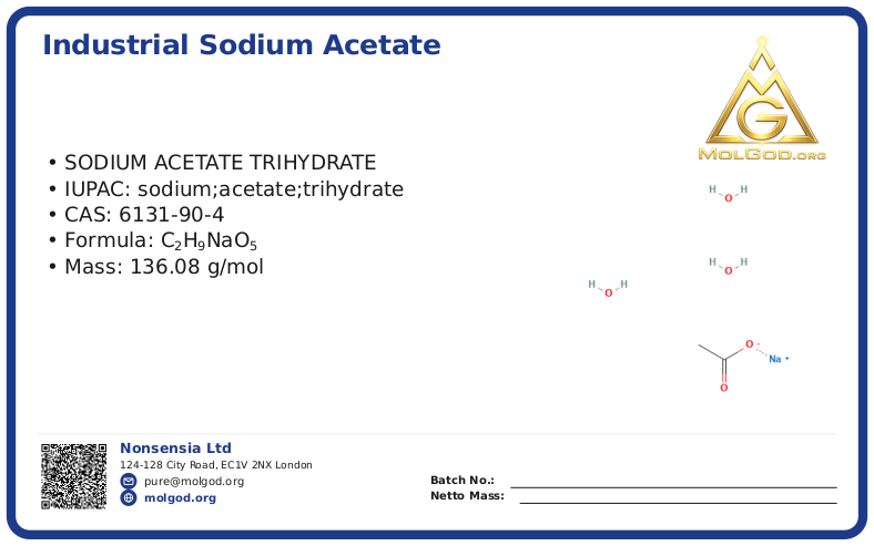 Industrial Sodium Acetate for Textile Dyeing & Printing (CAS 6131-90-4) — chemical product label