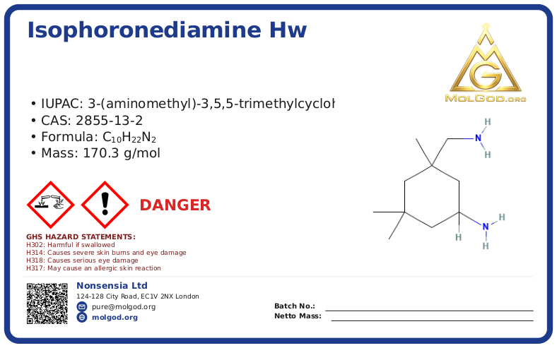 Isophoronediamine HW (CAS 2855-13-2), CAS 2855-13-2 — chemical product label