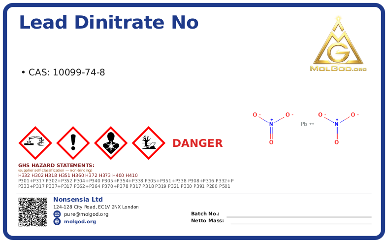 Lead Dinitrate CAS NO 10099-74 (CAS 10099-74-8) — Xilong Scientific, CAS 10099-74-8 — chemical product label