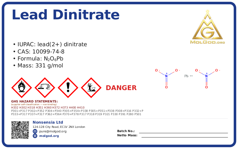 Lead(Ⅱ) nitrate (CAS 10099-74-8), CAS 10099-74-8 — chemical product label