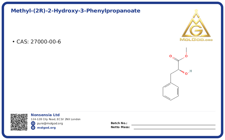 METHYL-(2R)-2-HYDROXY-3-PHENYLPROPANOATE (CAS 27000-00-6), CAS 27000-00-6 — chemical product label