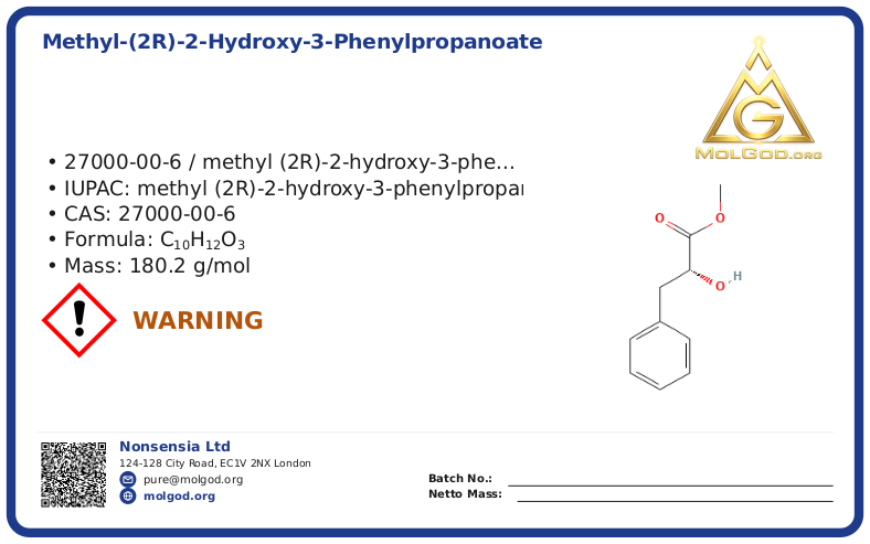 METHYL-(2R)-2-HYDROXY-3-PHENYLPROPANOATE (CAS 27000-00-6), CAS 27000-00-6 — chemical product label