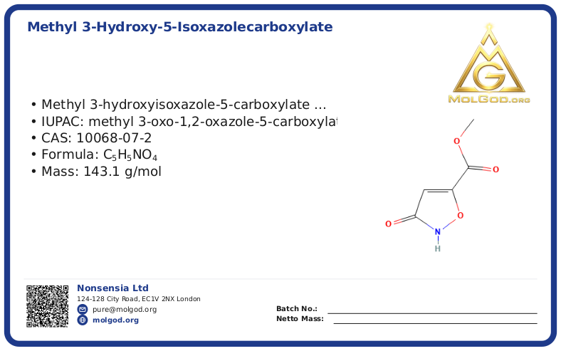 METHYL 3-HYDROXY-5-ISOXAZOLECARBOXYLATE, (CAS 10068-07-2), CAS 10068-07-2 — chemical product label