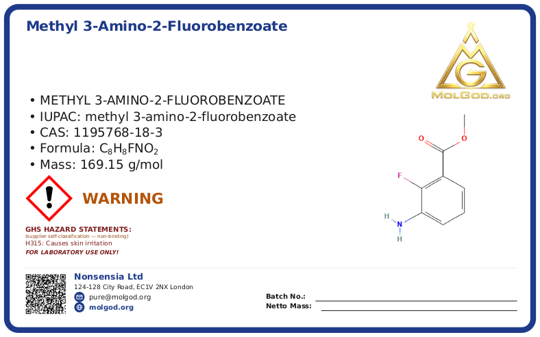 Methyl 3-amino-2-fluorobenzoate (CAS 1195768-18-3), CAS 1195768-18-3 — chemical product label