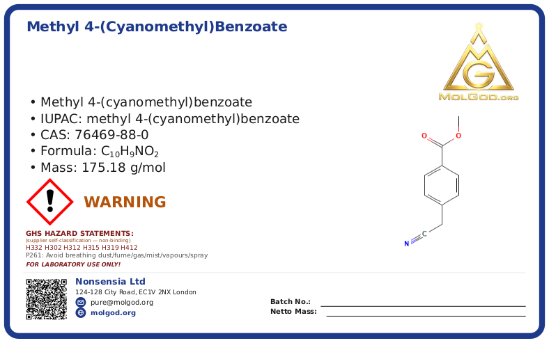 Methyl 4-(cyanomethyl)benzoate (CAS 76469-88-0), CAS 76469-88-0 — chemical product label