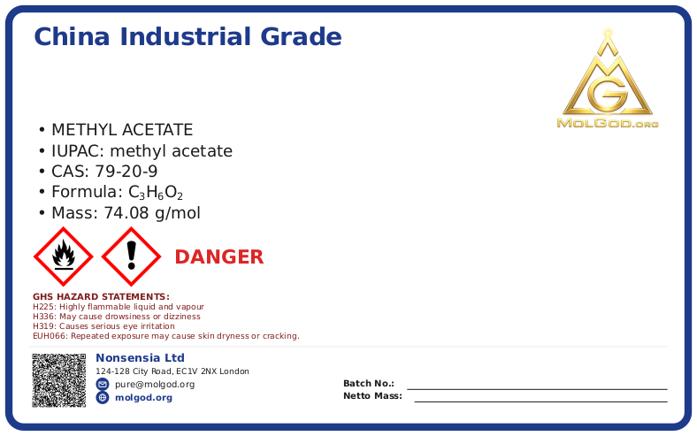 China Methyl Acetate Supplier, Manufacturer – Factory Direct Price (CAS 79-20-9), CAS 79-20-9 — chemical product label