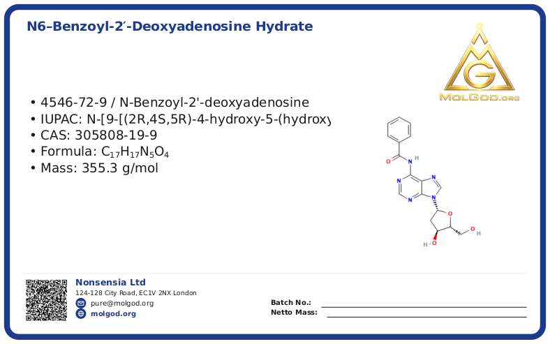N6--Benzoyl-2'-deoxyadenosine hydrate (CAS 305808-19-9) — chemical product label