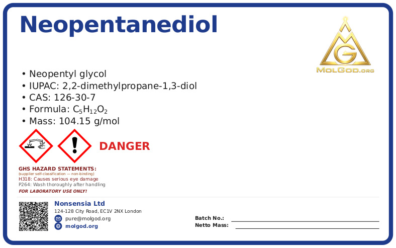 Neopentanediol (CAS 126-30-7), CAS 126-30-7 — chemical product label