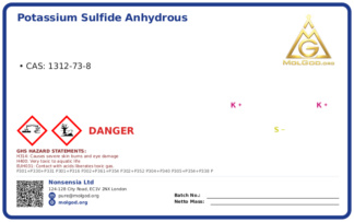 Potassium Sulfide Anhydrous CAS No 1312-73 (CAS 1312-73-8) — Xilong Scientific, CAS 1312-73-8 — chemical product label