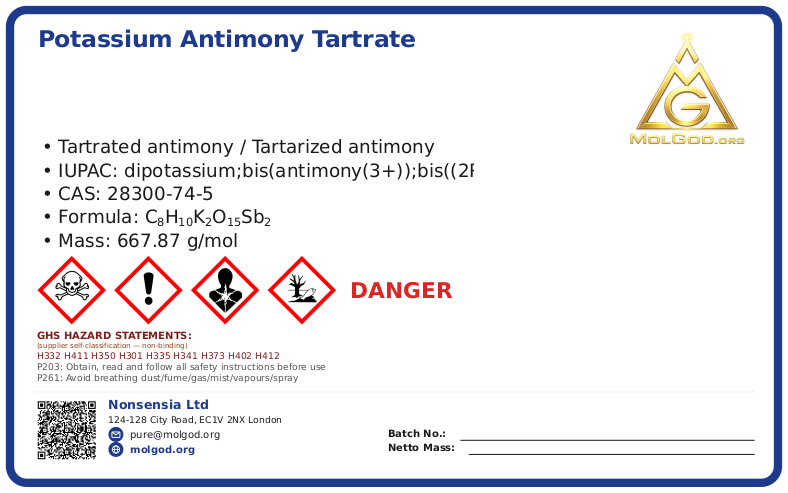 Potassium antimony tartrate (CAS 28300-74-5), CAS 28300-74-5 — chemical product label