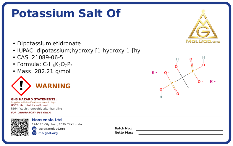 Potassium salt of 1-Hydroxy Ethylidene-1,1- Diphosphonic Acid (HEDP·K2) (CAS 21089-06-5), CAS 21089-06-5 — chemical product label