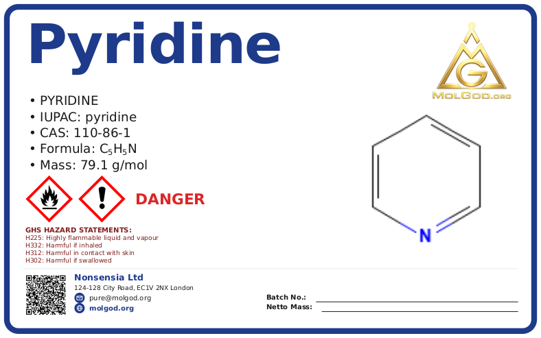 Pyridine (CAS 110-86-1), CAS 110-86-1 — chemical product label
