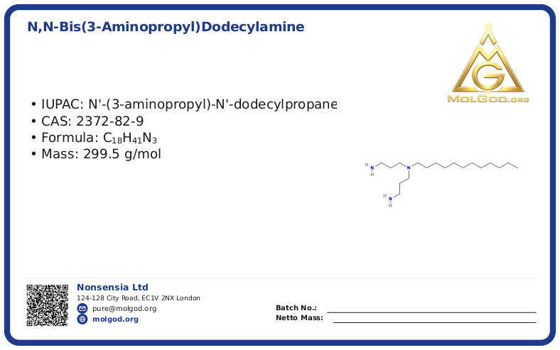 N,N-Bis(3-aminopropyl)dodecylamine (CAS 2372-82-9), CAS 2372-82-9 — chemical product label