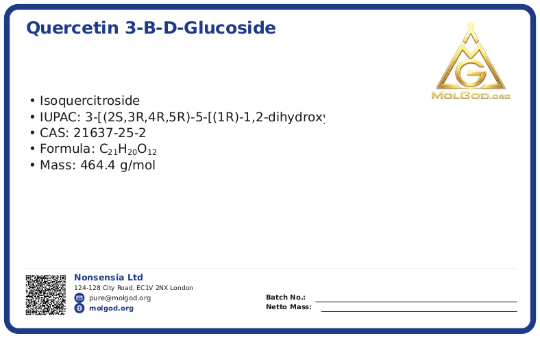 Quercetin 3-β-D-glucoside (CAS 21637-25-2), CAS 21637-25-2 — chemical product label