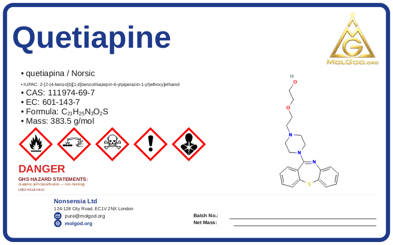Quetiapine (CAS 111974-69-7) — Safety Data Sheet, CAS 111974-69-7 — chemical product label