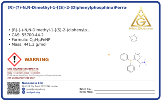 (R)-(?)-N,N-Dimethyl-1-[(S)-2-(diphenylphosphino)ferrocenyl]ethylamine (CAS 55700-44-2), CAS 55700-44-2 — chemical product label