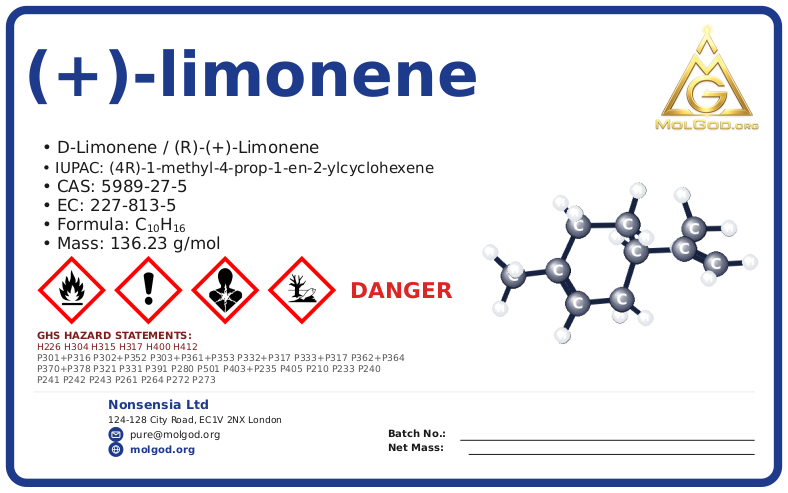 (R)-p-mentha-1,8-diene; d-limonene (CAS 5989-27-5) — Safety Data Sheet, CAS 5989-27-5 — chemical product label