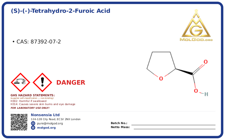 (S)-(-)-Tetrahydro-2-furoic acid (CAS 87392-07-2), CAS 87392-07-2 — chemical product label