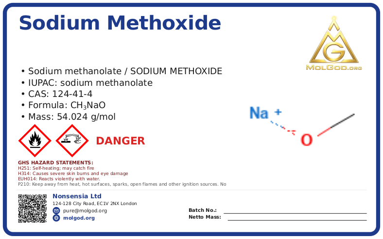 Sodium Methoxide (CAS 124-41-4), CAS 124-41-4 — chemical product label