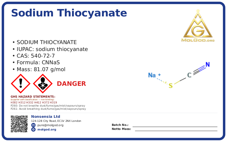 硫氰酸钠 (CAS 540-72-7), CAS 540-72-7 — chemical product label