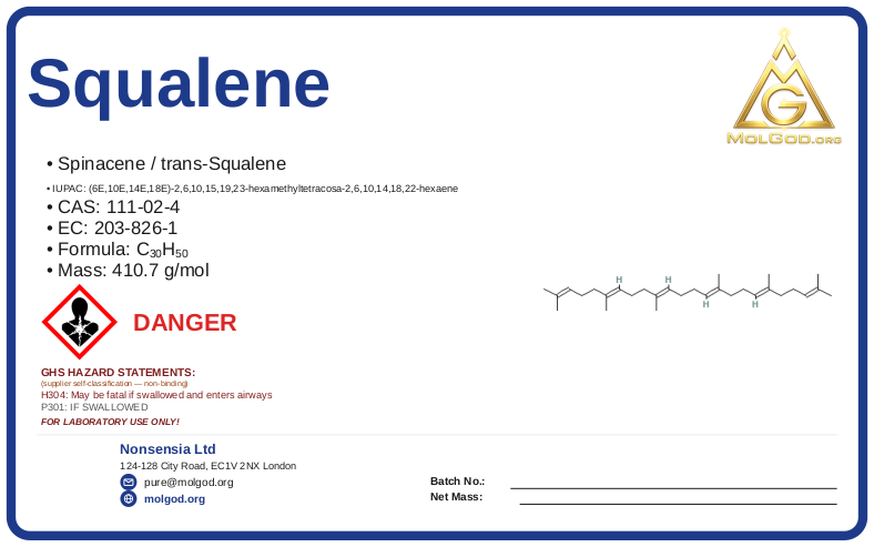 Squalene (CAS 111-02-4) — Safety Data Sheet, CAS 111-02-4 — chemical product label