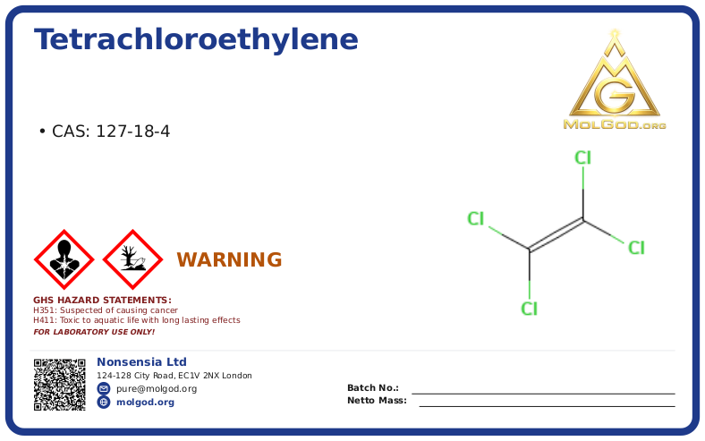 Перхлорэтилен (Perhloroethylene) (CAS 127-18-4), CAS 127-18-4 — chemical product label