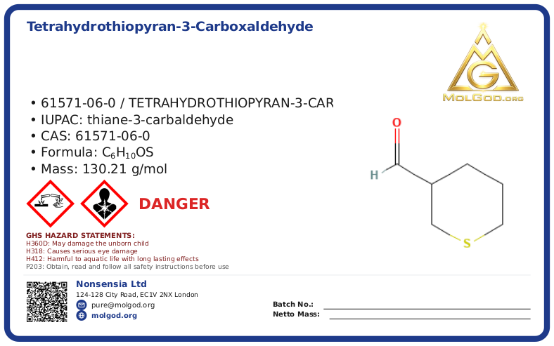 Tetrahydrothiopyran-3-carboxaldehyde (CAS 61571-06-0), CAS 61571-06-0 — chemical product label