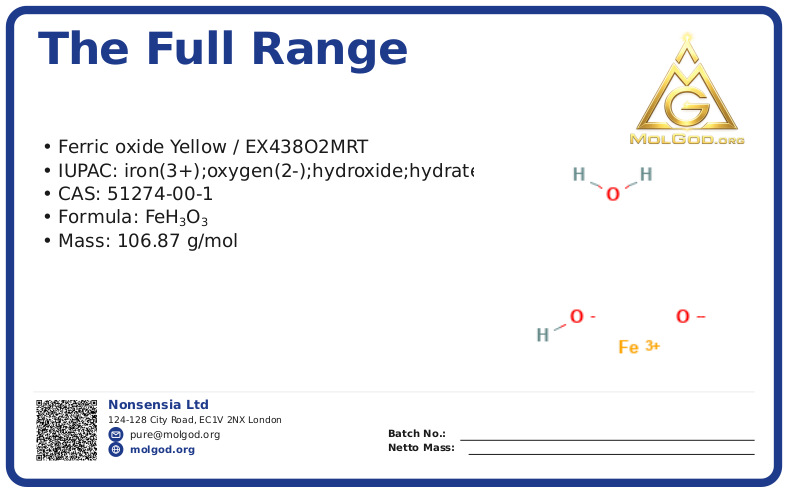 The full range of iron oxide yellow products are produced, providing applications such as building material coloring, industrial coatings, plastics and rubber, art pigments, etc (CAS 51274-00-1), CAS 51274-00-1 — chemical product label