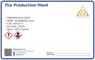 The production plant of terephthalic acid (PTA) provides a complete range of applications including polyester fibers, polyester bottle blanks, industrial yarns, special polyesters, films, etc. (CAS 100-21-0), CAS 100-21-0 — chemical product label