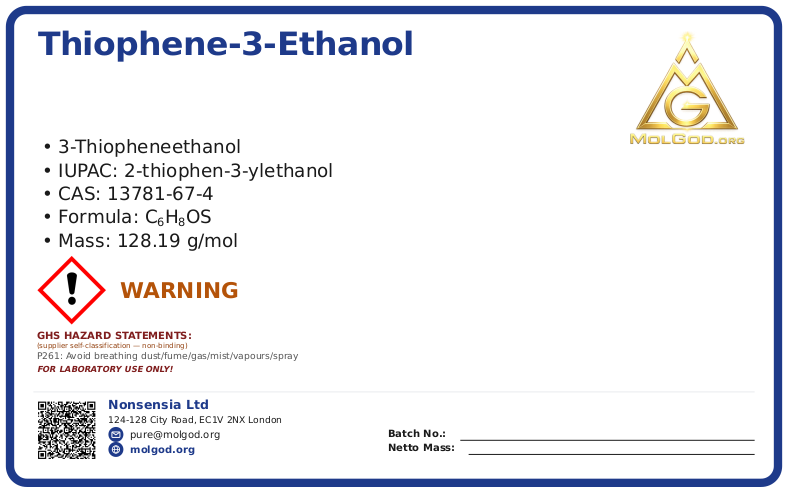Thiophene-3-ethanol (CAS 13781-67-4), CAS 13781-67-4 — chemical product label